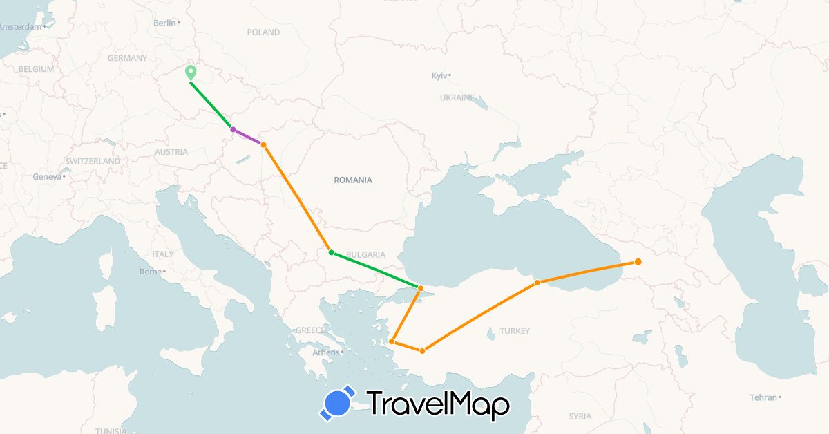TravelMap itinerary: driving, bus, train, hitchhiking in Bulgaria, Czech Republic, Georgia, Hungary, Slovakia, Turkey (Asia, Europe)