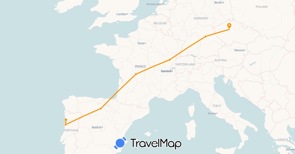 TravelMap itinerary: driving, hitchhiking in Czech Republic, Germany, Spain, France, Portugal (Europe)